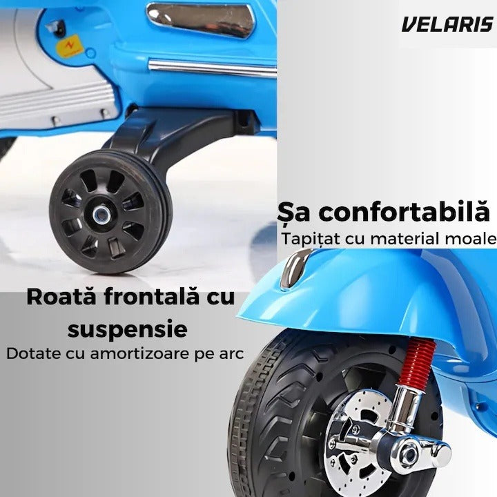 Scuter electric copii 3-8 ani, design Vespa, 2 acumulatori 6V, lumini LED, sistem audio, până la 6 km/h, albastru