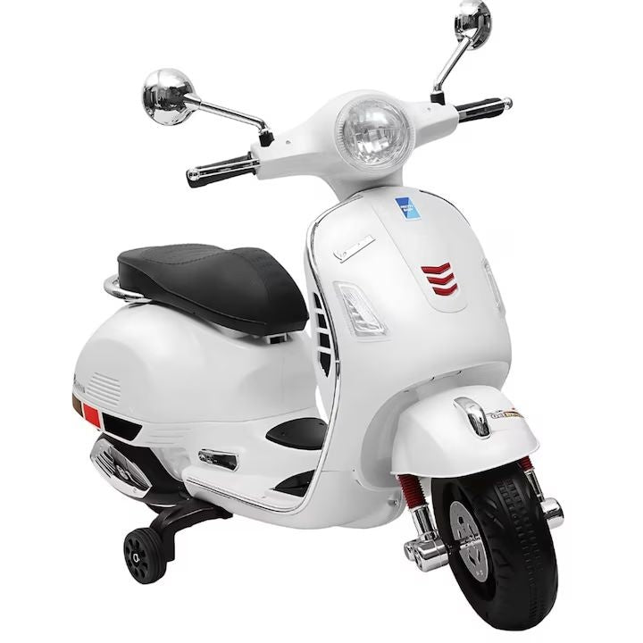 Scuter electric copii 3-8 ani, design Vespa, 2 acumulatori 6V, lumini LED, sistem audio, până la 6 km/h, alb