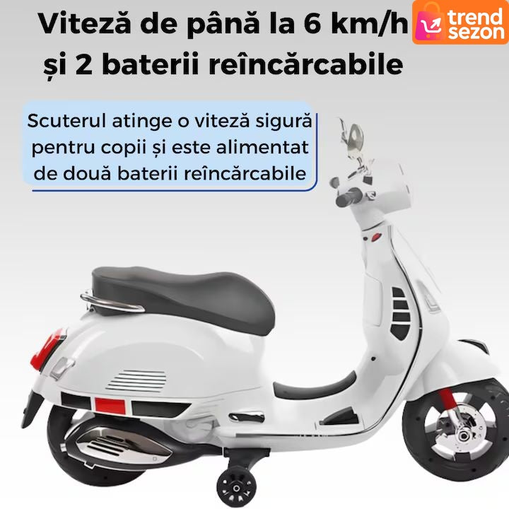 Scuter electric copii 3-8 ani, design Vespa, 2 acumulatori 6V, lumini LED, sistem audio, până la 6 km/h, alb