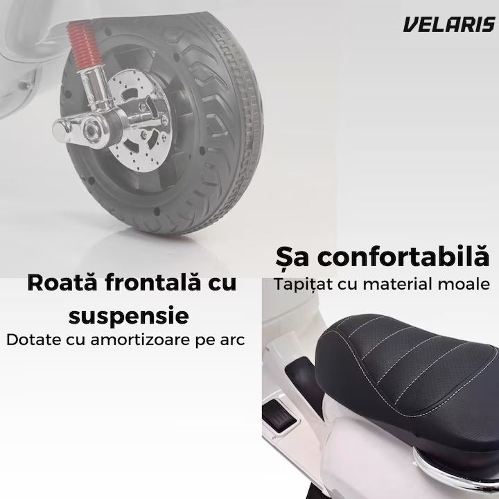 Scuter electric copii 3-8 ani, design Vespa, 2 acumulatori 6V, lumini LED, sistem audio, până la 6 km/h, alb