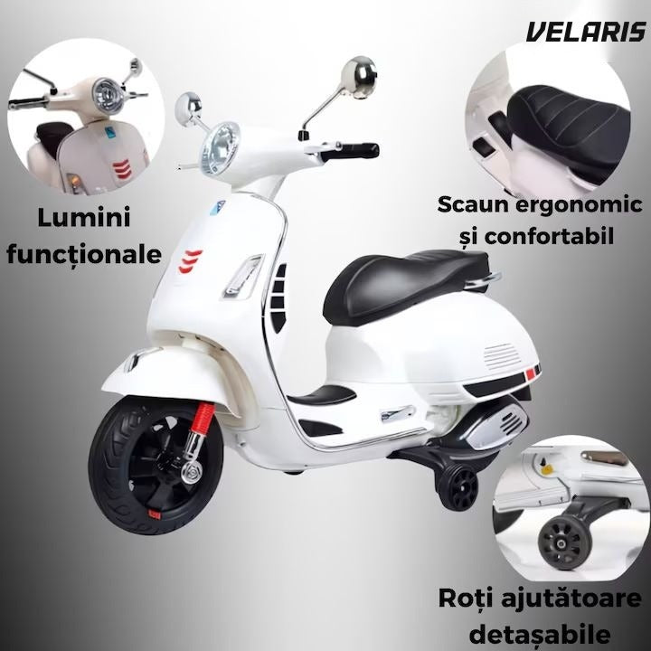 Scuter electric copii 3-8 ani, design Vespa, 2 acumulatori 6V, lumini LED, sistem audio, până la 6 km/h, alb