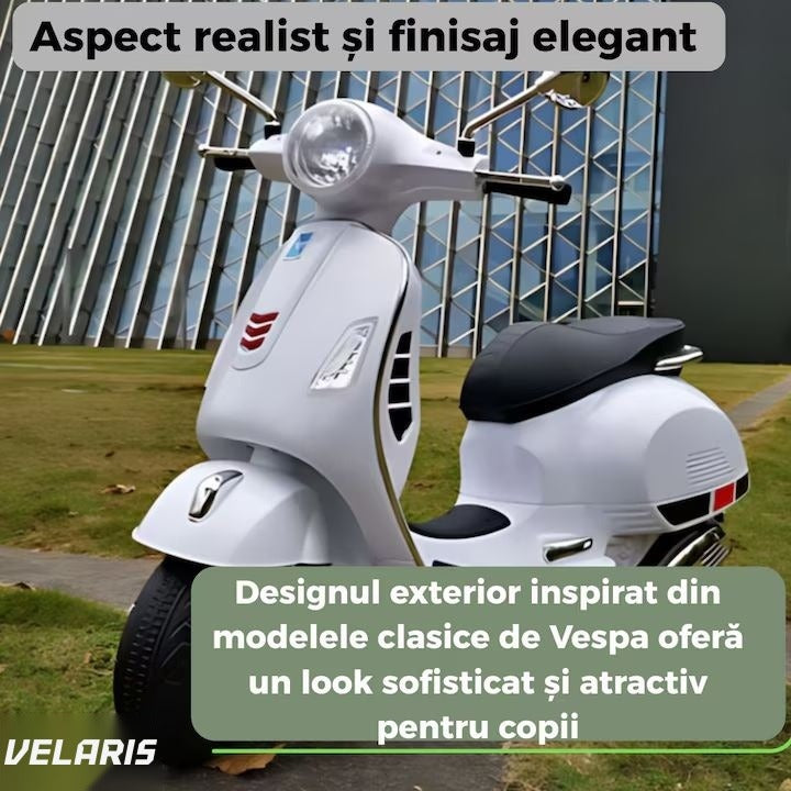 Scuter electric copii 3-8 ani, design Vespa, 2 acumulatori 6V, lumini LED, sistem audio, până la 6 km/h, alb