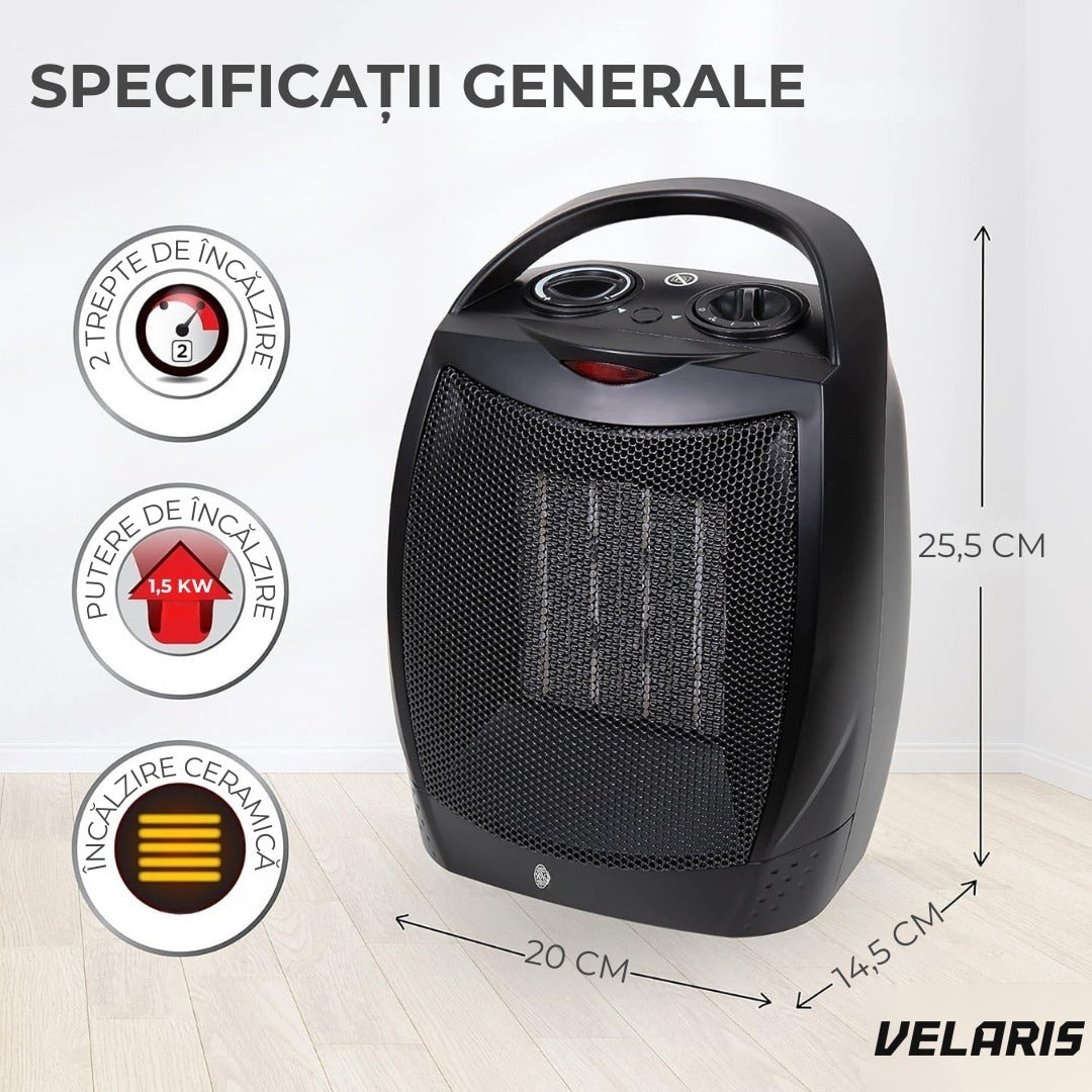 Aeroterma electrică 1500W, PTC ceramic, 2 niveluri, termostat reglabil, protecție supraîncălzire