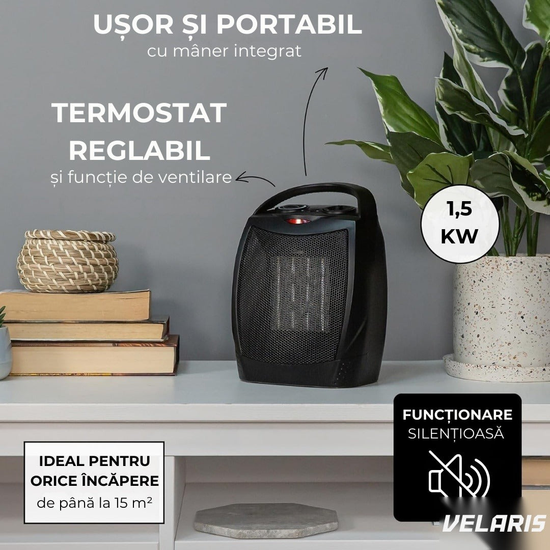 Aeroterma electrică 1500W, PTC ceramic, 2 niveluri, termostat reglabil, protecție supraîncălzire