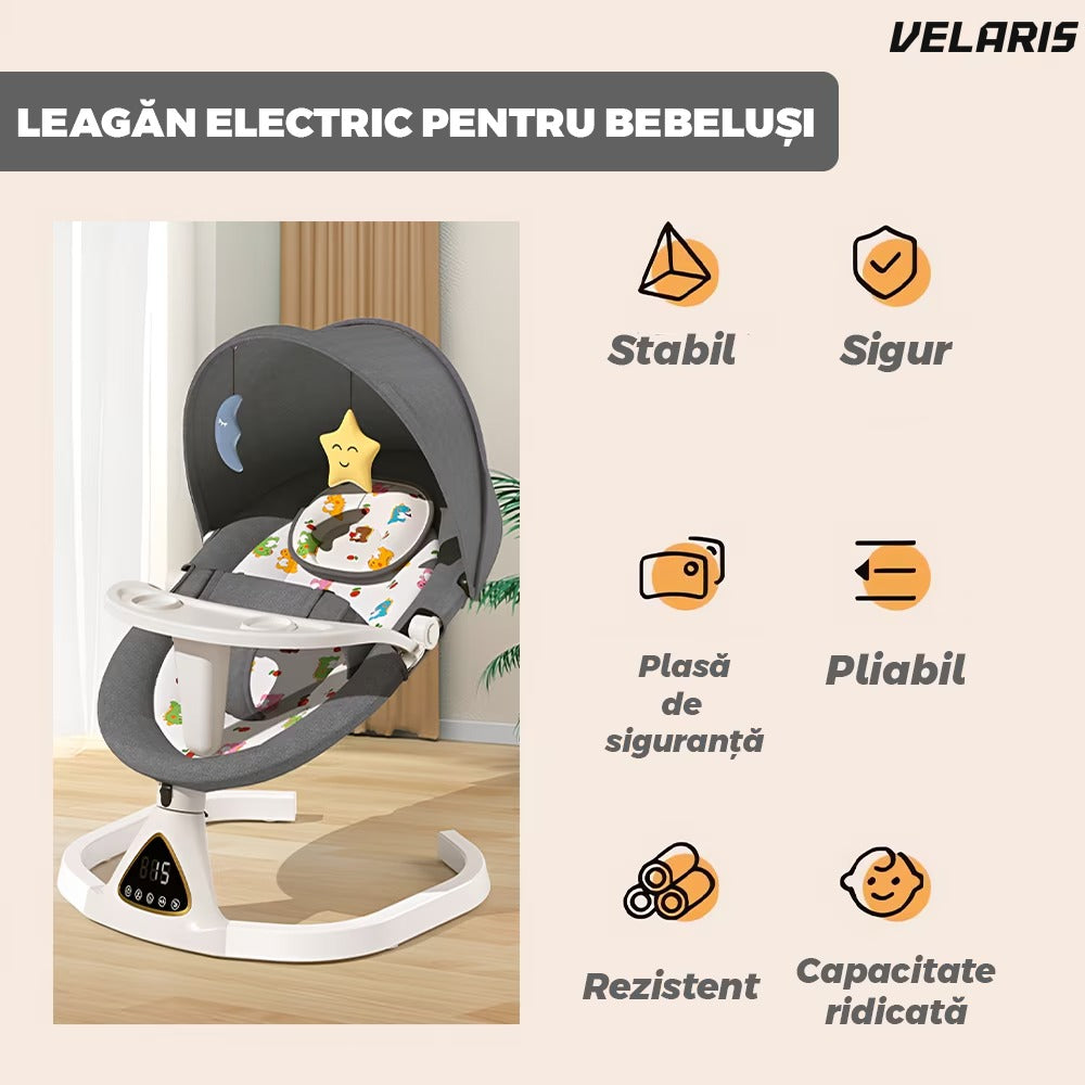 Leagăn electric cu conectare Bluetooth, control touch, rețea anti-țânțari, gri