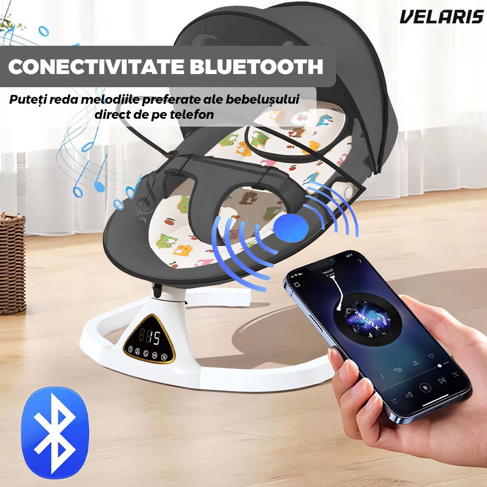 Leagăn electric cu conectare Bluetooth, control touch, rețea anti-țânțari, gri
