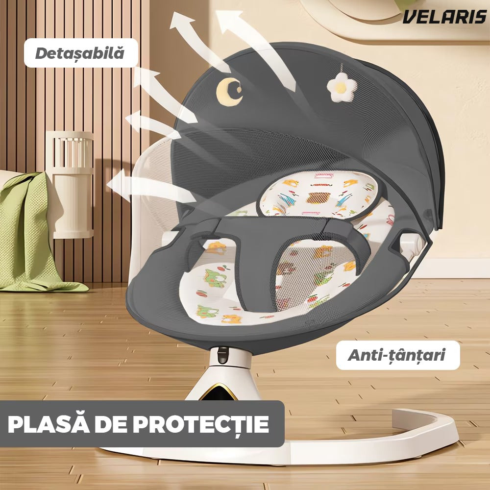 Leagăn electric cu conectare Bluetooth, control touch, rețea anti-țânțari, gri