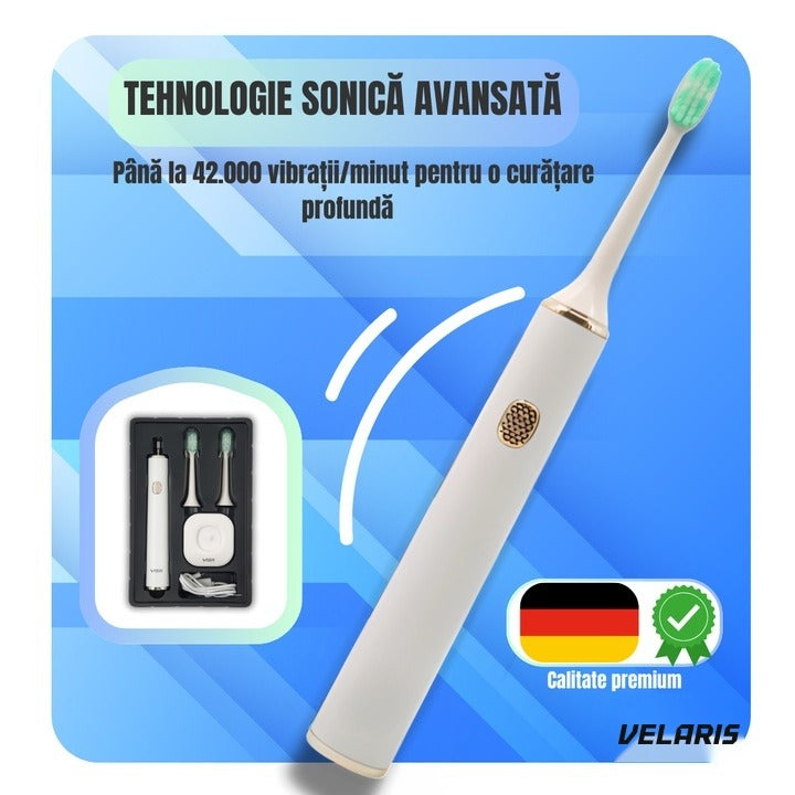 Periuță de dinți electrică V-809, tehnologie acustică, suspensie magnetică, 3 moduri, IPX7, albă