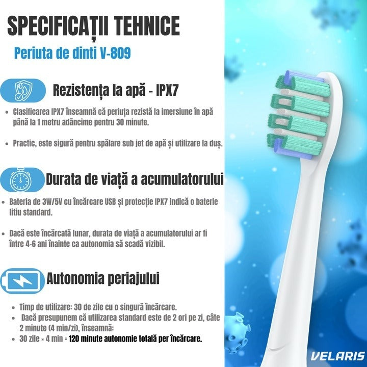 Periuță de dinți electrică V-809, tehnologie acustică, suspensie magnetică, 3 moduri, IPX7, albă