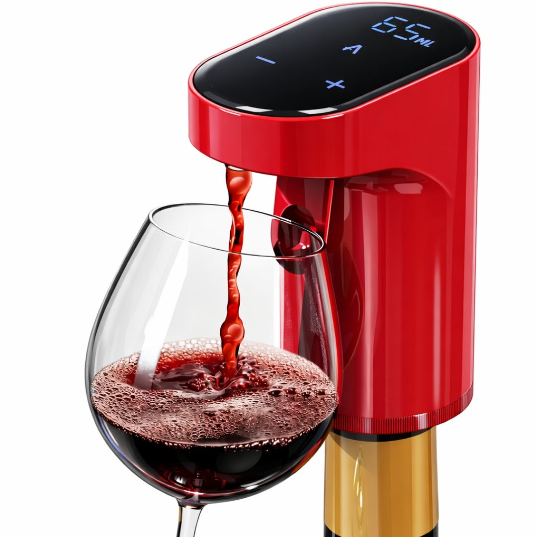Aerator electric vin cu dozare automata, ecran tactil si incarcare USB Type-C, rosu