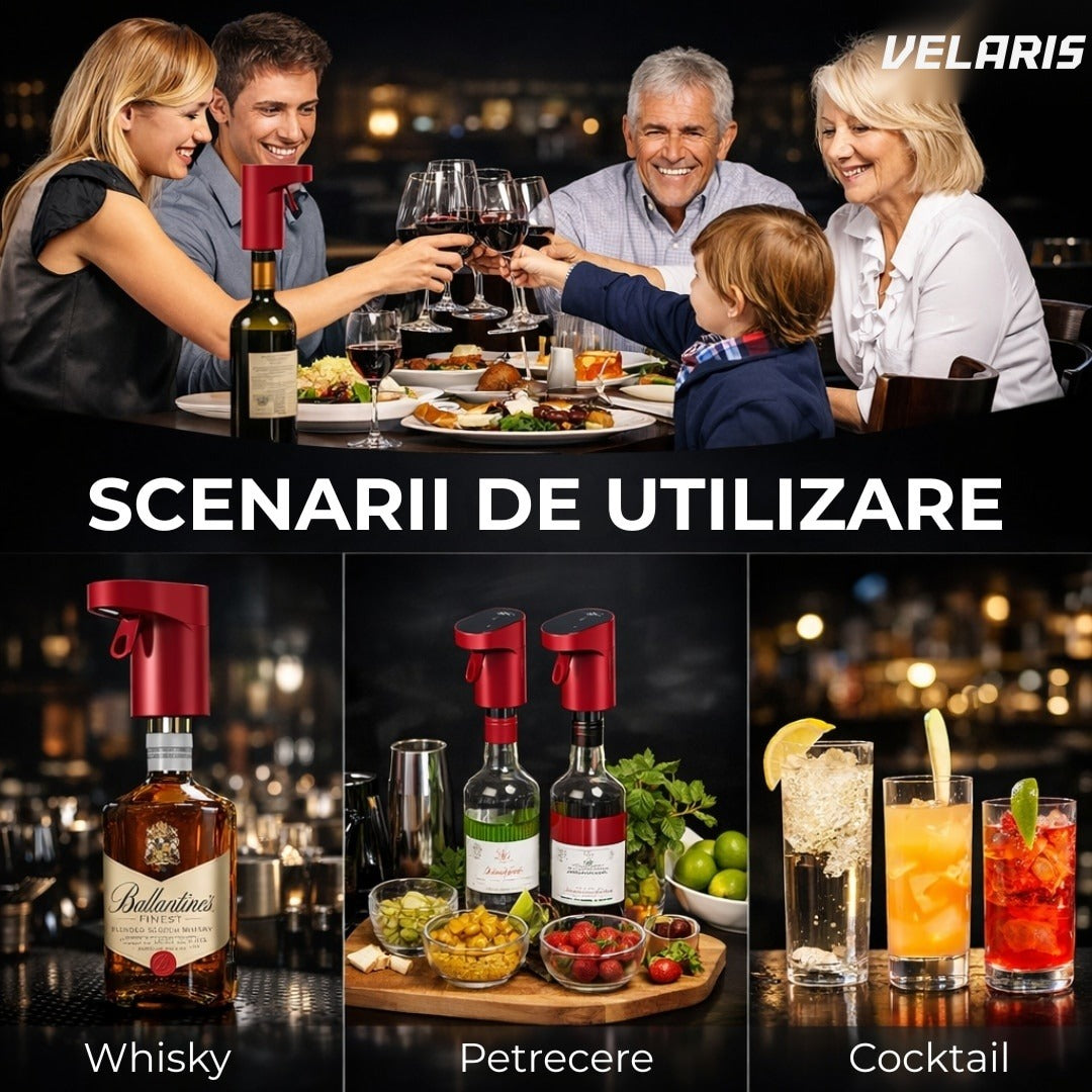 Aerator electric vin cu dozare automata, ecran tactil si incarcare USB Type-C, rosu