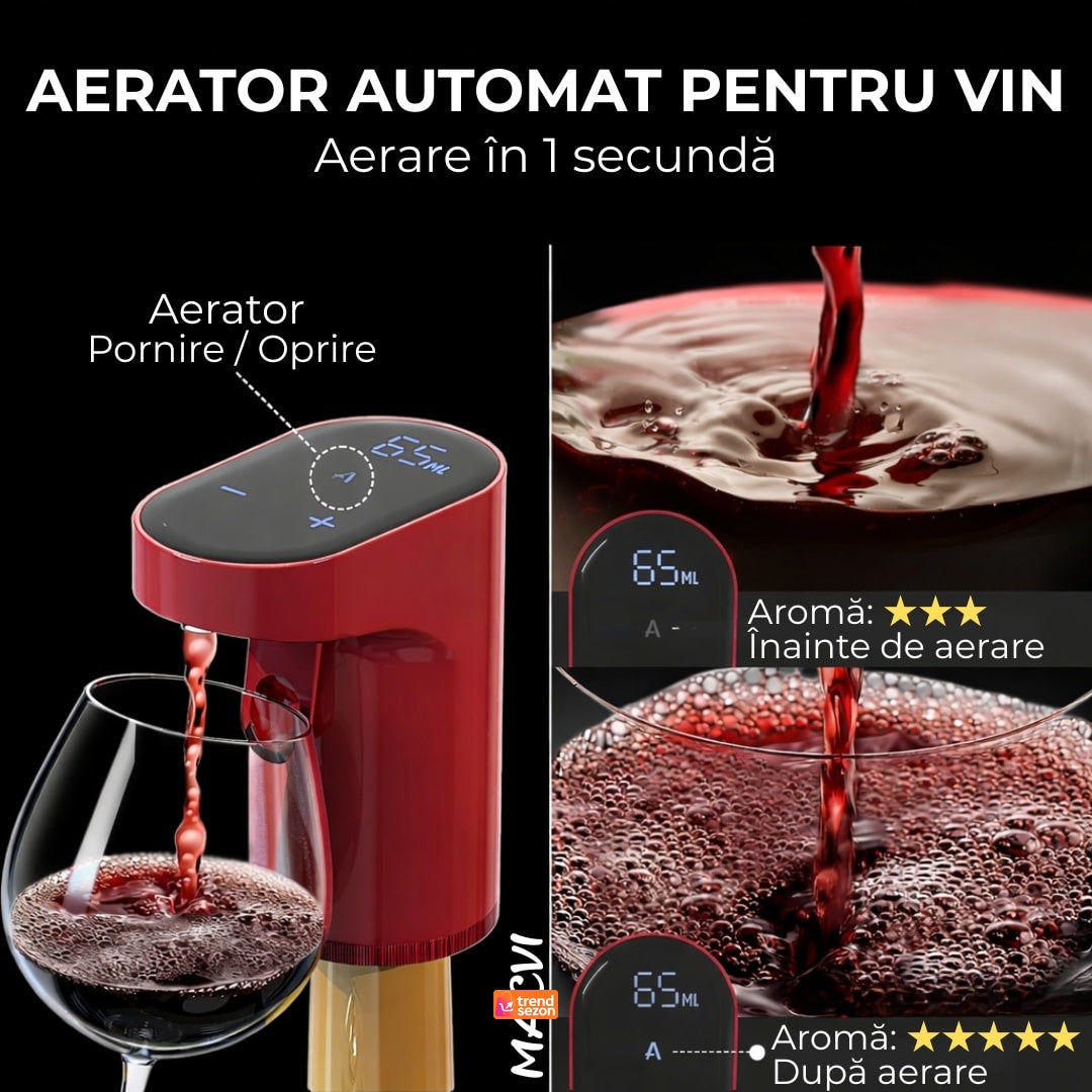 Aerator electric vin cu dozare automata, ecran tactil si incarcare USB Type-C, rosu