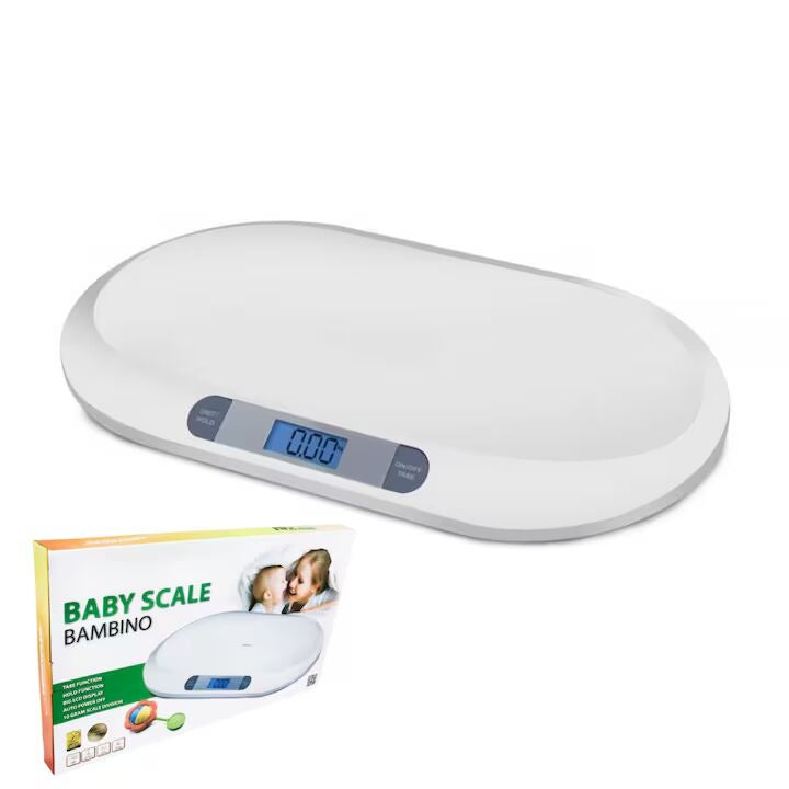 Cântar electronic pentru bebeluși, afișaj LCD, precizie gram, 20 kg, design ergonomic, alb