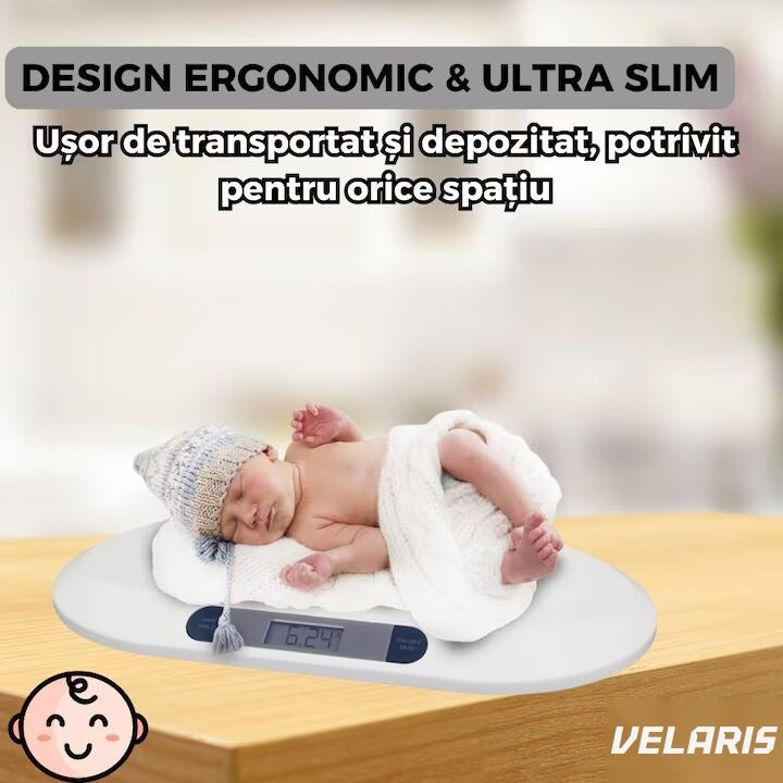 Cântar electronic pentru bebeluși, afișaj LCD, precizie gram, 20 kg, design ergonomic, alb