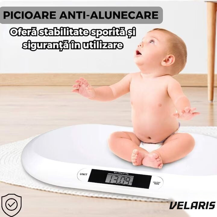 Cântar electronic pentru bebeluși, afișaj LCD, precizie gram, 20 kg, design ergonomic, alb