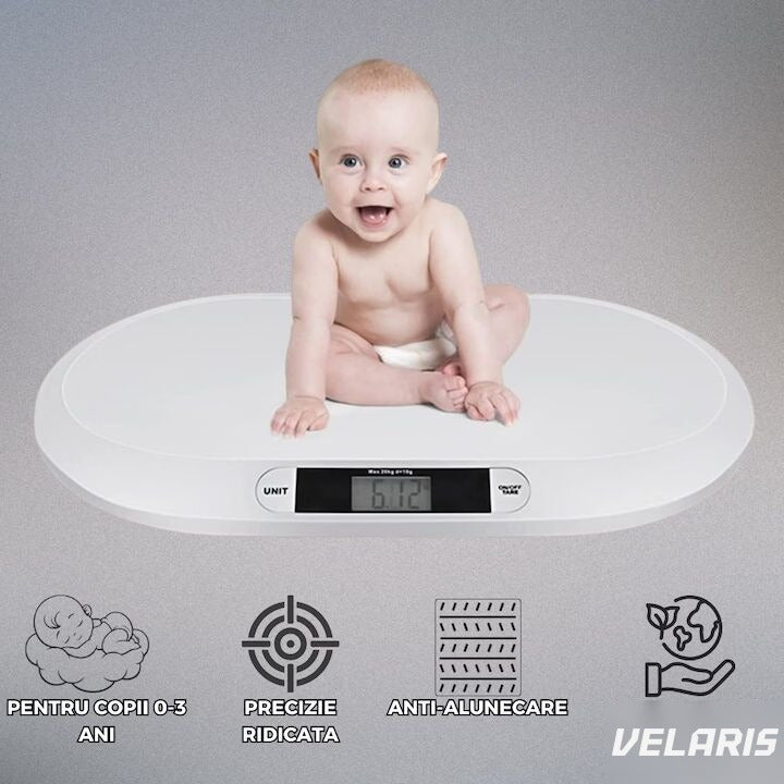 Cântar electronic pentru bebeluși, afișaj LCD, precizie gram, 20 kg, design ergonomic, alb