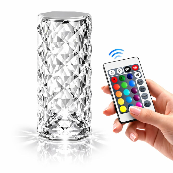 Veioză decorativă cristal RGB cu telecomandă, bază neagră