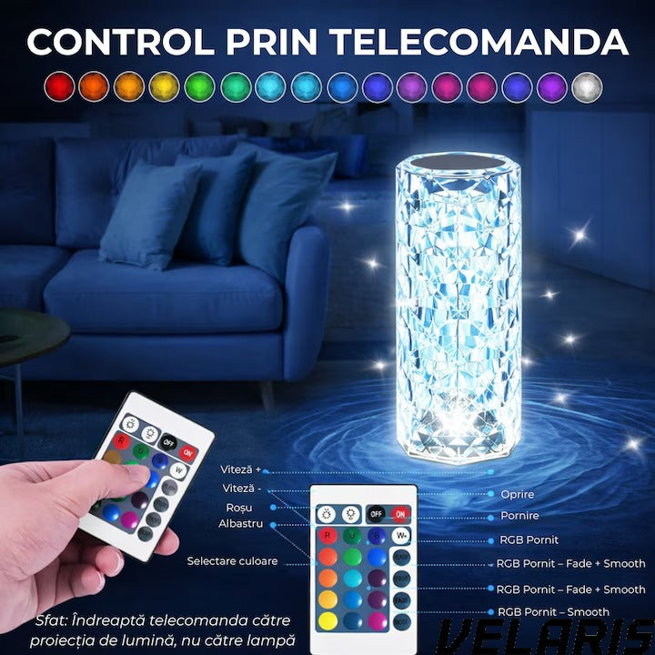 Veioză decorativă cristal RGB cu telecomandă, bază neagră