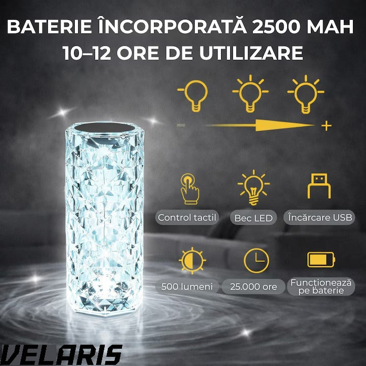 Veioză decorativă cristal RGB cu telecomandă, bază neagră