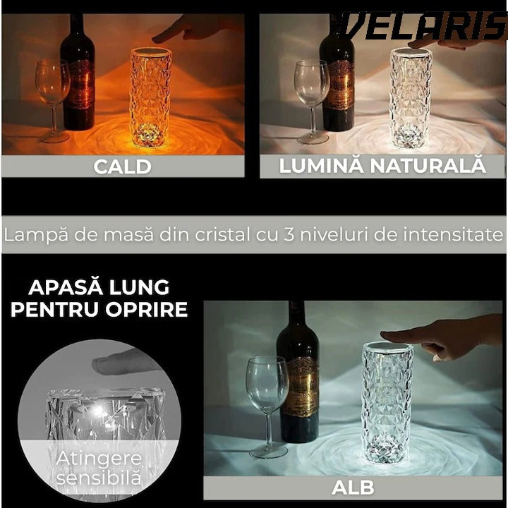 Veioză decorativă cristal RGB cu telecomandă, bază neagră