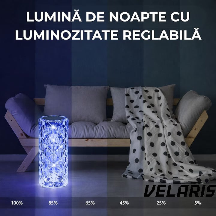 Veioză decorativă cristal RGB cu telecomandă, bază neagră