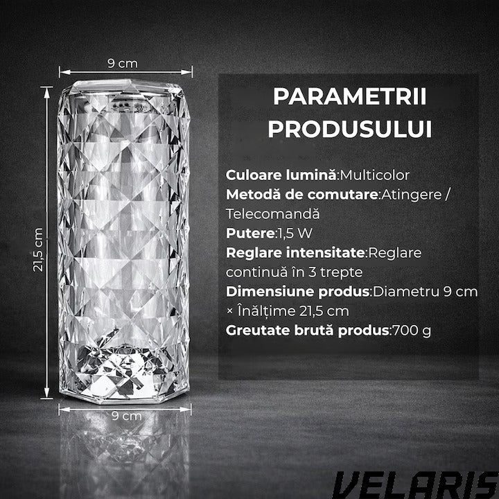 Veioză decorativă cristal RGB cu telecomandă, bază neagră