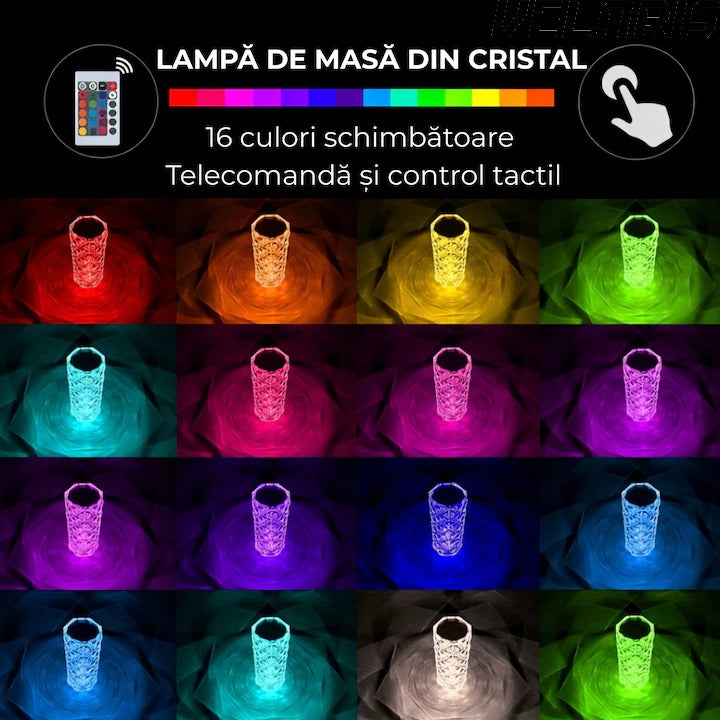 Veioză decorativă cristal RGB cu telecomandă, bază neagră