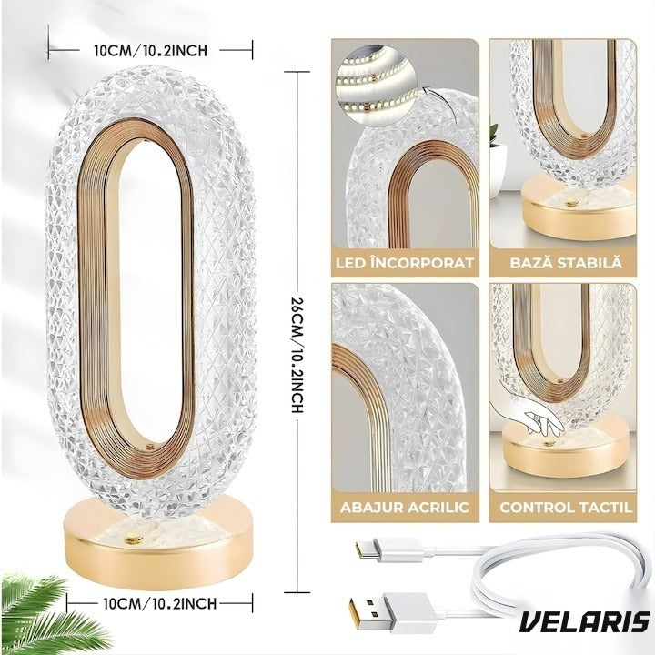 Lampă de masă stil cristal, acril transparent, 3 culori de lumină, touch, reîncărcabilă USB