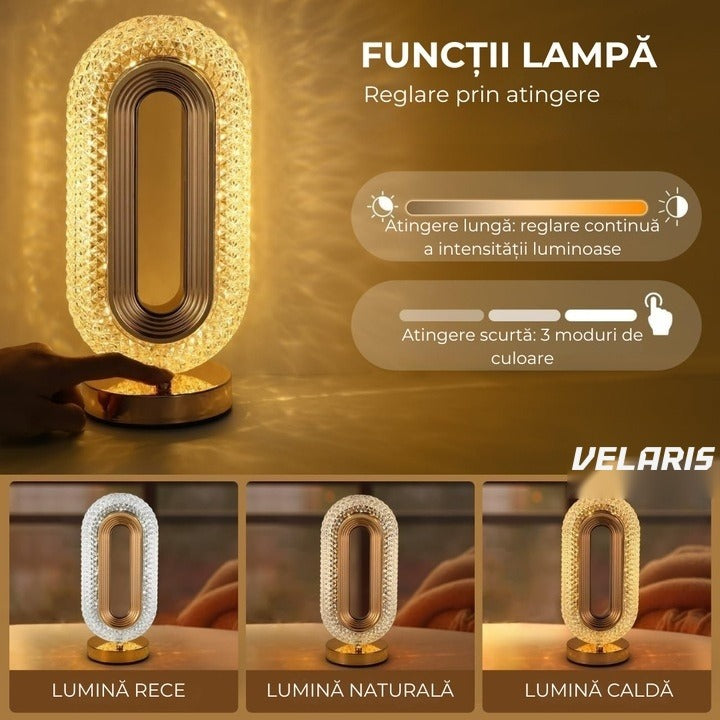 Lampă de masă stil cristal, acril transparent, 3 culori de lumină, touch, reîncărcabilă USB