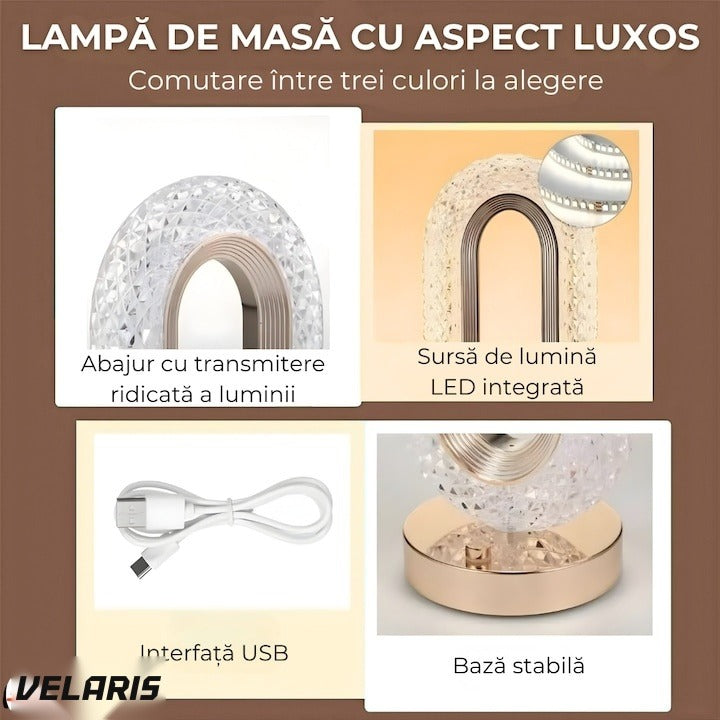 Lampă de masă stil cristal, acril transparent, 3 culori de lumină, touch, reîncărcabilă USB