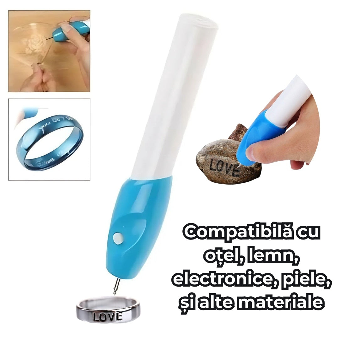 Creion de gravat pentru metal, lemn, piele și electronice, alb/albastru