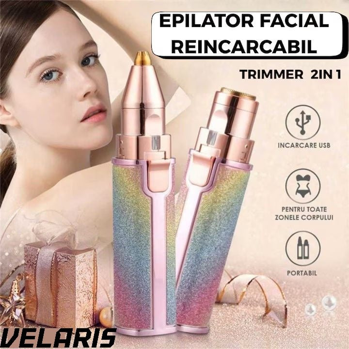 Epilator Facial Reincarcabil 2in1 Trimmer Sprancene si Puf, Iluminare LED, Portabil, USB, Potrivit Pentru Toate Zonele Corpului