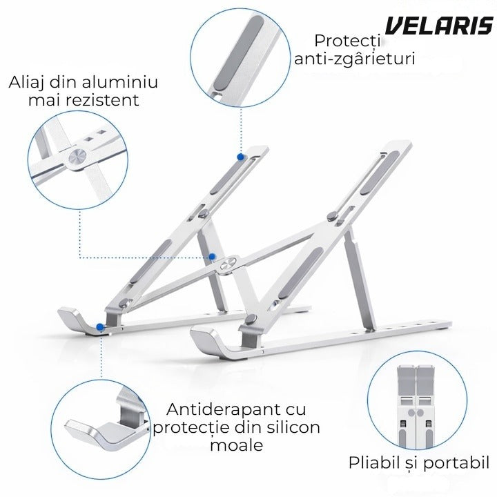Suport laptop ergonomic din aluminiu, 6 niveluri reglabile, compatibil 10-15.6", argintiu