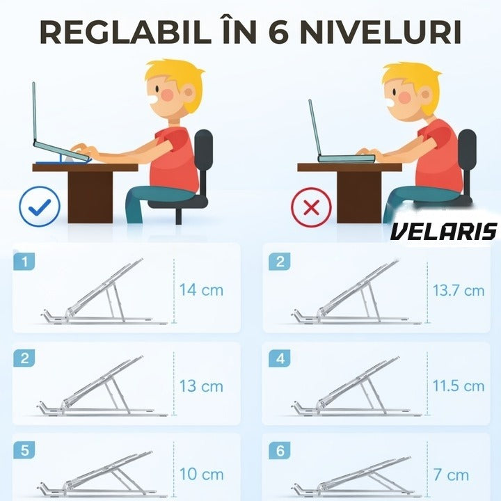 Suport laptop ergonomic din aluminiu, 6 niveluri reglabile, compatibil 10-15.6", argintiu
