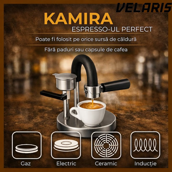 Espressor manual Kamira, din inox 100%, presiune 4-5 bari, portabil, fara curent, filtru de inox pentru 1 ceasca cafea, compatibil aragaz si resou
