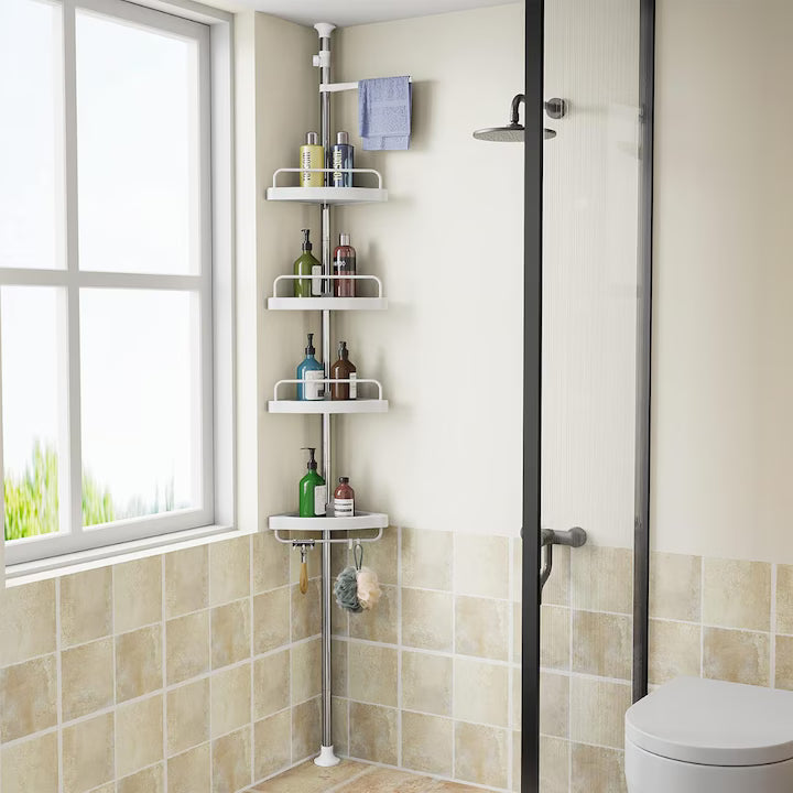 Raft baie extensibil colț, 4 rafturi cu bara prosop, 3 crocuri, 100-260 cm, alb