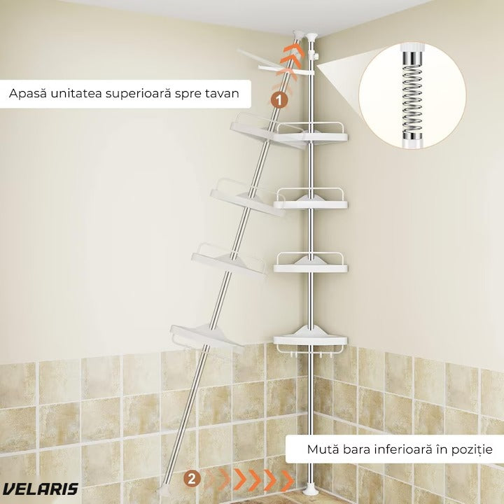 Raft baie extensibil colț, 4 rafturi cu bara prosop, 3 crocuri, 100-260 cm, alb