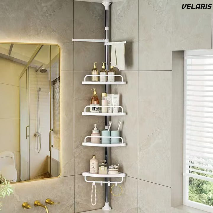 Raft baie extensibil colț, 4 rafturi cu bara prosop, 3 crocuri, 100-260 cm, alb