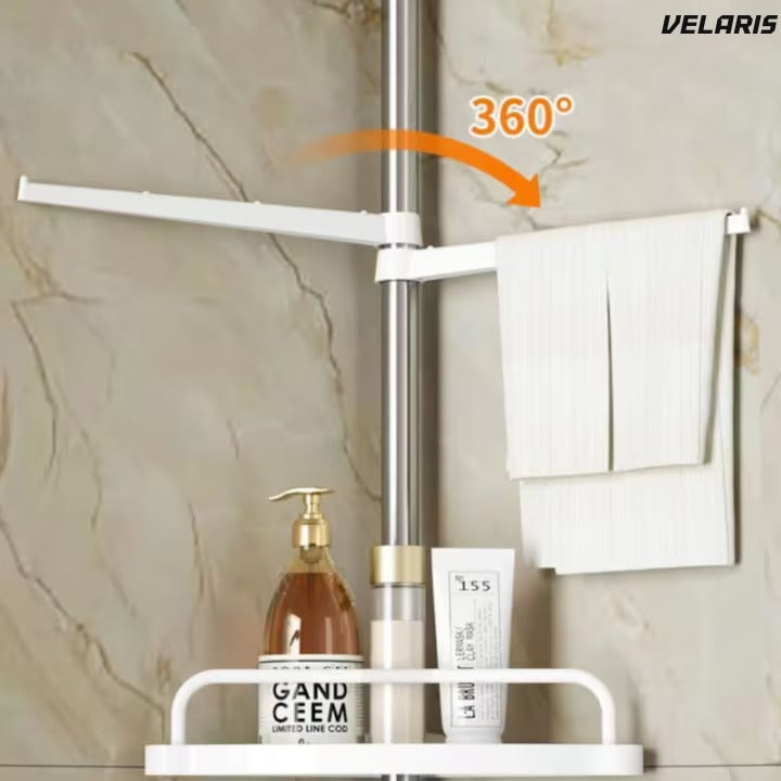 Raft baie extensibil colț, 4 rafturi cu bara prosop, 3 crocuri, 100-260 cm, alb
