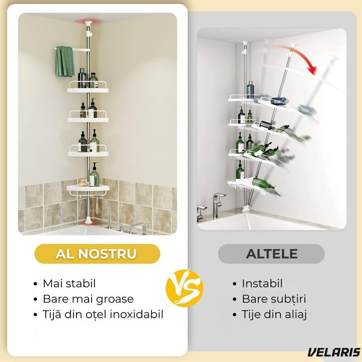 Raft baie extensibil colț, 4 rafturi cu bara prosop, 3 crocuri, 100-260 cm, alb