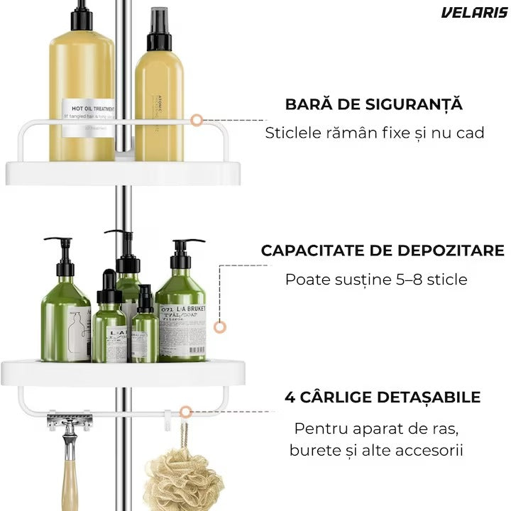 Raft baie extensibil colț, 4 rafturi cu bara prosop, 3 crocuri, 100-260 cm, alb