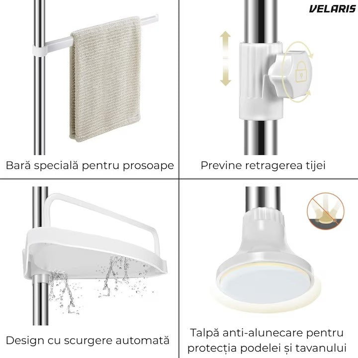 Raft baie extensibil colț, 4 rafturi cu bara prosop, 3 crocuri, 100-260 cm, alb