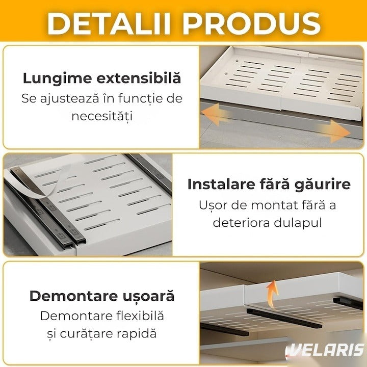 Organizator extensibil pentru dulap, metal, sertar glisant, montaj adeziv, alb