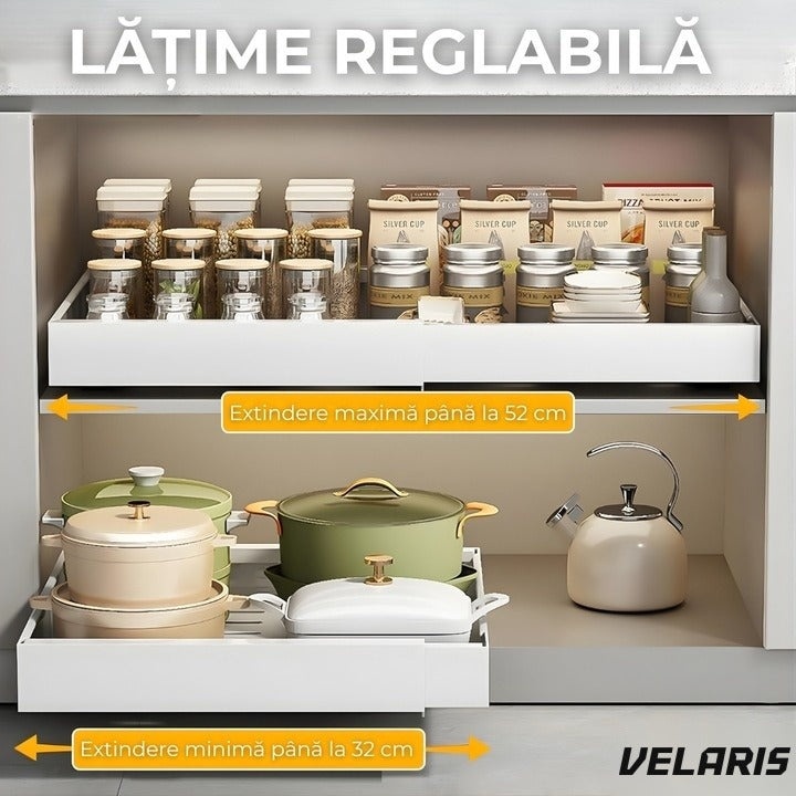 Organizator extensibil pentru dulap, metal, sertar glisant, montaj adeziv, alb