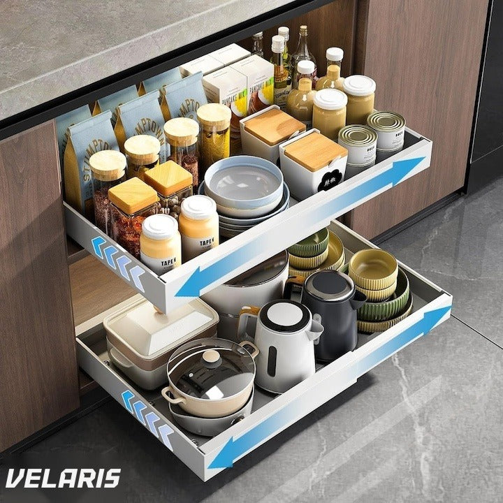 Organizator extensibil pentru dulap, metal, sertar glisant, montaj adeziv, alb