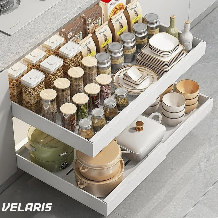 Organizator extensibil pentru dulap, metal, sertar glisant, montaj adeziv, alb