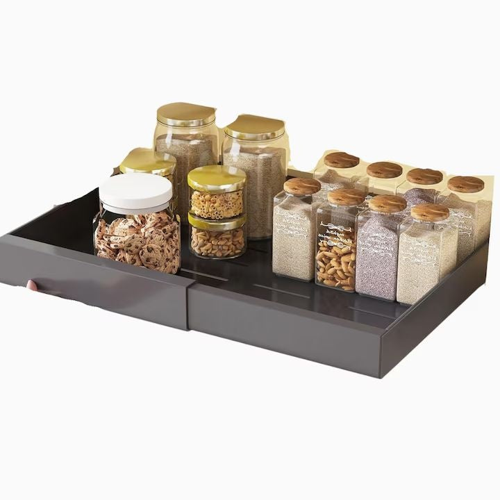 Organizator extensibil pentru dulap, metal, sertar glisant, montaj adeziv, gri