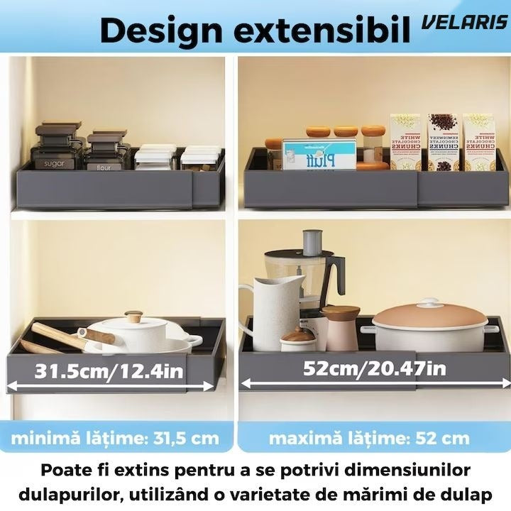 Organizator extensibil pentru dulap, metal, sertar glisant, montaj adeziv, gri