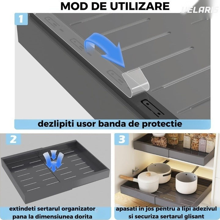 Organizator extensibil pentru dulap, metal, sertar glisant, montaj adeziv, gri