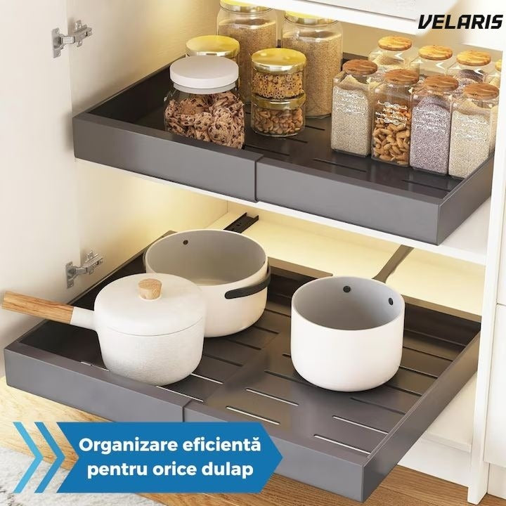 Organizator extensibil pentru dulap, metal, sertar glisant, montaj adeziv, gri